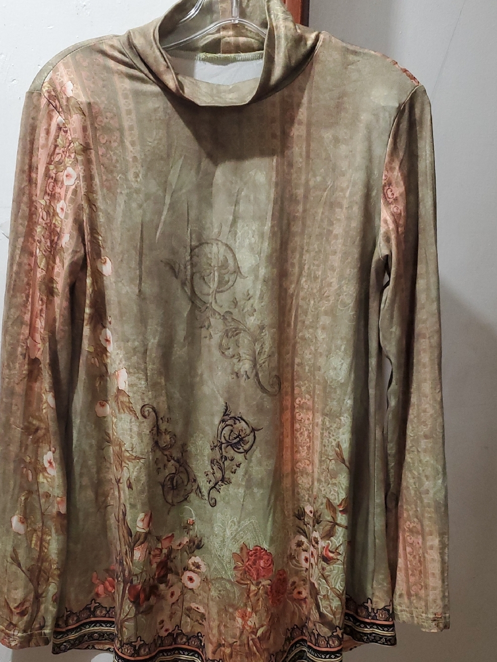Floral Watercolor Long Sleeve Tunic -  Green & Blush Blouse Size S (Oversize)